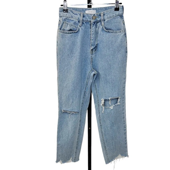 Oak + Fort Womens Distressed Hem Light Wash High Rise Straight Leg Jeans Size 25 - Picture 1 of 8